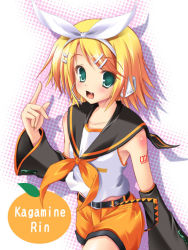 Rule 34 | 1girl, :3, :d, belt, blonde hair, bow, detached sleeves, fang, food, fruit, green eyes, hair ornament, hairclip, headphones, headset, kagamine rin, looking at viewer, open mouth, orange (fruit), orange theme, pointing, shirt, short hair, shorts, sleeveless, sleeveless shirt, smile, solo, standing, vocaloid, yoshiharu