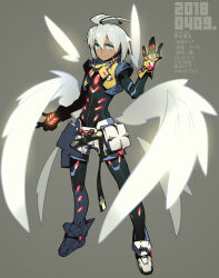 1boy angel angel_wings blue_eyes bodysuit chaos_(xenosaga) closed_mouth detached_wings feathered_wings full_body gloves hair_between_eyes looking_at_viewer male_focus multiple_wings sasaki_tomomi shorts simple_background white_hair white_wings wings xenosaga xenosaga_episode_i