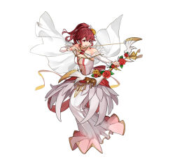 Rule 34 | 1girl, aiming, alternate costume, anna (fire emblem), arrow (projectile), attack, bare shoulders, bouquet, bow (weapon), breasts, detached sleeves, dress, feather trim, female focus, fire emblem, fire emblem heroes, flower, flower brooch, gold bracelet, gold choker, high ponytail, holding, holding bouquet, holding bow (weapon), holding weapon, matching hair/eyes, medium breasts, nintendo, official alternate costume, official art, open mouth, ponytail, red eyes, red flower, red hair, red rose, rose, smile, v-shaped eyebrows, weapon, wedding dress, white background, white dress, yellow flower, yellow rose