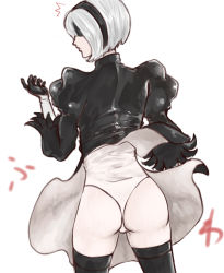 Rule 34 | 1girl, android, artist request, ass, black dress, black gloves, black thighhighs, blindfold, clothes lift, drag-on dragoon, dress, from behind, gloves, hairband, highres, leotard, nier (series), nier:automata, short hair, silver hair, skirt, skirt lift, solo, surprised, thighhighs, 2b (nier:automata)