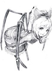 Rule 34 | 1girl, absurdres, arthropod girl, arthropod limbs, bent over, bow, dress, foreshortening, greyscale, hair bow, hair up, highres, insect girl, kurodani yamame, looking at viewer, matumasima, mechanical pencil, monochrome, open mouth, pencil, short hair, sketch, smile, solo, spider girl, standing, touhou, traditional media, v