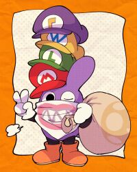 Rule 34 | animal ears, bandana, bandana over mouth, boots, commentary request, full body, green hat, halftone, halftone background, hands up, hat, highres, holding, holding sack, mario (series), multiple hats, nabbit, new super mario bros. u deluxe, nintendo, no humans, omochiutyu, one eye closed, orange background, orange footwear, purple hat, rabbit, rabbit ears, red hat, sack, simple background, solo, stacked hats, standing, v, white background, white bandana, yellow hat