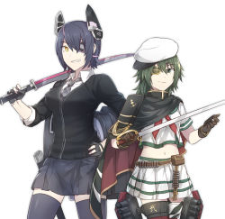 Rule 34 | 10s, 2girls, cape, cardigan, checkered clothes, checkered necktie, checkered neckwear, eyepatch, gloves, green eyes, green hair, grin, hand on own hip, hat, kantai collection, kiso (kancolle), long hair, midriff, multiple girls, navel, necktie, purple hair, remodel (kantai collection), skirt, smile, sword, tenryuu (kancolle), thighhighs, toruglose, trait connection, weapon, yellow eyes
