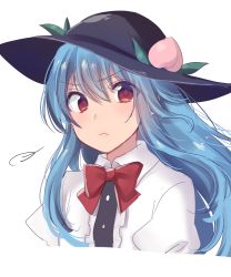Rule 34 | &gt;:(, 1girl, asa (coco), black hat, blue hair, blush, bow, bowtie, closed mouth, dress shirt, food, frown, fruit, hair between eyes, hat, hinanawi tenshi, leaf, long hair, looking at viewer, peach, puff of air, red bow, red bowtie, red eyes, shirt, solo, touhou, upper body, v-shaped eyebrows, white shirt