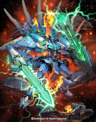 Rule 34 | 10s, arm cannon, armor, bushiroad, cardfight!! vanguard, electricity, fire, full body, galaxy blaukluger, glowing, glowing weapon, green eyes, highres, holding, holding sword, holding weapon, looking at viewer, mecha, no humans, official art, robot, space, spacecraft, sword, takayama toshiaki, unsheathed, weapon