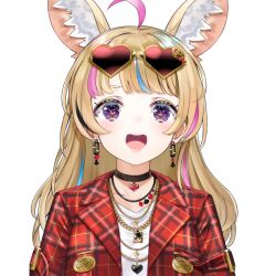 Rule 34 | 1girl, ahoge, animal ear fluff, animal ears, black choker, blonde hair, blue hair, choker, commentary request, earrings, eyewear on head, fox ears, fox girl, heart, heart-shaped eyes, heart-shaped eyewear, heart choker, hololive, jacket, jewelry, kou mashiro, long hair, looking at viewer, multicolored hair, multiple bracelets, multiple necklaces, official alternate costume, official alternate hairstyle, official art, omaru polka, omaru polka (5th costume), open mouth, pink hair, purple eyes, red jacket, shirt, simple background, smile, solo, streaked hair, sunglasses, transparent background, upper body, virtual youtuber, white shirt