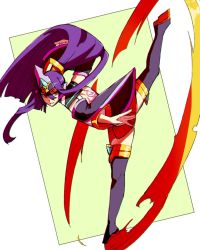 Rule 34 | 1girl, arc system works, blazblue, blazblue: central fiction, breasts, detached sleeves, full body, hades izanami, hair ornament, highres, horns, jewelry, kicking, long hair, looking at viewer, markings, mikado (blazblue), open mouth, ponytail, purple hair, red eyes, simple background, skirt, small breasts, solo, standing, standing on one leg, thighhighs, very long hair