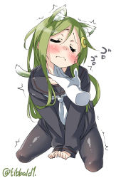 Rule 34 | 10s, 1girl, animal ears, bad id, bad twitter id, between legs, black pantyhose, black serafuku, blush, cat ears, cat tail, closed mouth, cowboy shot, crescent, crescent hair ornament, cropped legs, ebifurya, green hair, hair between eyes, hair ornament, hand between legs, hand on another&#039;s chin, highres, inactive account, kantai collection, kemonomimi mode, long hair, long sleeves, nagatsuki (kancolle), necktie, no pants, pantyhose, parted bangs, school uniform, scratching chin, serafuku, sidelocks, simple background, solo focus, stroking another&#039;s chin, tail, trembling, twitter username, wavy mouth, white background, white necktie