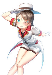 Rule 34 | 1girl, absurdres, blue eyes, breasts, brown hair, commentary request, earrings, gloves, hachinatsu, hair ornament, hairclip, hat, highres, jacket, jewelry, knees together feet apart, love live!, love live! school idol project, love live! sunshine!!, medium breasts, necklace, one eye closed, short hair, short sleeves, shorts, simple background, solo, teeth, watanabe you, white gloves