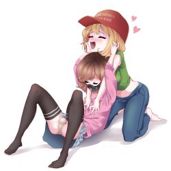 Rule 34 | 1boy, 1girl, 4chan, absurdres, arms up, baseball cap, black thighhighs, blonde hair, blue pants, blush, brown hair, bulge, crop top, crotch seam, dark yaoi, denim, closed eyes, hat, heart, hetero, highres, jeans, lgbt (4chan), make america great again, mask, medium hair, mouth mask, panties, pants, personification, pink sweater, pol (4chan), red headwear, simple background, skirt, sweater, thighhighs, trap, underwear, white background
