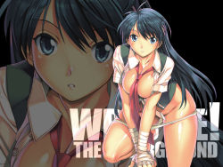 Rule 34 | 1girl, aqua eyes, bandages, breasts, character request, cleavage, large breasts, legs, long hair, muramasa mikado, necktie, no bra, no pants, open clothes, open shirt, panties, panty pull, shinonome miki, shirt, solo, thick thighs, thighs, underwear, wallpaper, wrestle! the underground, zoom layer