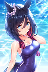Rule 34 | 1girl, animal ears, bare arms, bare shoulders, black hair, blue one-piece swimsuit, blush, breasts, cleavage, closed mouth, commentary request, covered navel, day, eishin flash (umamusume), hair between eyes, highres, horse ears, horse girl, horse tail, looking at viewer, medium breasts, one-piece swimsuit, outdoors, smile, solo, sparkle, striped, swimsuit, tail, tomo (tmtm mf mf), towel, towel around neck, umamusume, water, wet