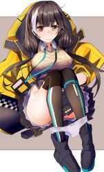 Rule 34 | 1girl, ankle boots, black footwear, black hair, black skirt, blush, boots, breasts, closed mouth, collared shirt, commentary, girls&#039; frontline, heterochromia, highres, jacket, large breasts, long hair, multicolored hair, panties, panties around ankles, panty pull, pleated skirt, red eyes, reraise, ro635 (girls&#039; frontline), shirt, skirt, solo, streaked hair, sweater, twintails, two-tone hair, underwear, wavy mouth, white hair, white panties, white shirt, yellow eyes, yellow jacket, yellow sweater