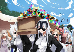 Rule 34 | 6+girls, abigail williams (fate), absurdres, animal ears, arknights, azur lane, black bow, black headwear, black jacket, blonde hair, blue hair, bow, breasts, bremerton (azur lane), cat ears, character request, closed eyes, closed mouth, cloud, cloudy sky, crossover, curled horns, dancing, dancing pallbearers (meme), day, dress, fate/grand order, fate (series), forehead, formidable (azur lane), girls&#039; frontline, gloves, grey hair, hair between eyes, hair bow, hair ornament, highres, holding, horns, idw (girls&#039; frontline), jacket, jeanne d&#039;arc alter (fate), kroos (arknights), large breasts, long hair, long horns, long sleeves, looking at viewer, meme, multicolored hair, multiple girls, my700, open clothes, open mouth, orange bow, pa-15 (girls&#039; frontline), parted bangs, photoshop (medium), pink hair, red eyes, saint quartz (fate), schwarz (arknights), shirt, sky, smile, streaked hair, sunglasses, tiamat (fate), twintails, very long hair, white gloves, white shirt