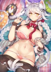 Rule 34 | 1girl, animal ears, asymmetrical hair, bad id, bad pixiv id, between legs, blush, bow, bowtie, bra, bra pull, braid, breasts, cameltoe, cat ears, cat tail, clothes lift, clothes pull, clothing cutout, collar, failure penguin, frills, grey scarf, hair ribbon, hip focus, jitome, kantai collection, lace, lace-trimmed bra, lace trim, large breasts, long hair, lying, maid headdress, midriff, navel, on back, panties, pantyhose, pantyhose pull, pillow, pink bra, pink panties, pokoten (pokoten718), puffy short sleeves, puffy sleeves, red neckwear, red ribbon, ribbon, scarf, shirt lift, short sleeves, shoulder cutout, side-tie panties, silver hair, single braid, skirt, skirt pull, smile, striped clothes, striped scarf, swept bangs, tail, tail between legs, underwear, unryuu (kancolle), very long hair, wavy hair, wristband, yellow eyes