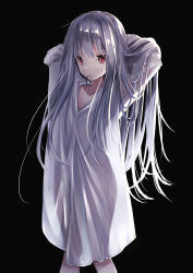 Rule 34 | 1girl, absurdres, adjusting hair, black background, grey hair, hands in hair, highres, long hair, long sleeves, mouth hold, naked shirt, original, oversized clothes, oversized shirt, red eyes, see-through silhouette, shirt, su ha ya, very long hair, white hair, white shirt