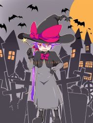 Rule 34 | 1girl, akebono (kancolle), bat (animal), boots, bow, clenched teeth, commentary request, cross, dress, embarrassed, english text, flower, full moon, gloves, graveyard, hair between eyes, hair flower, hair ornament, halloween, halloween costume, hand on own hip, happy halloween, hat, hat bow, kantai collection, long hair, looking at viewer, moon, night, purple eyes, purple hair, shawl, shino (ponjiyuusu), side ponytail, solo, star (symbol), teeth, tombstone, very long hair, wand, witch hat