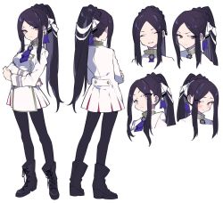 Rule 34 | 1girl, blush, boots, braid, closed eyes, closed mouth, commentary request, contrapposto, copyright request, crossed arms, embarrassed, expressions, eyes visible through hair, hair ornament, hair ribbon, head tilt, jacket, long hair, long sleeves, looking at viewer, mochizuki kei, mole, mole under eye, multiple views, necktie, pantyhose, parted bangs, parted lips, purple eyes, purple footwear, purple hair, purple neckwear, purple pantyhose, ribbon, sidelocks, simple background, smile, sweatdrop, tassel, very long hair, white background, white jacket