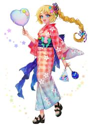 1girl blonde_hair blue_eyes braid cotton_candy dairoku_ryouhei floral_print_kimono flower food full_body gradient_clothes gradient_kimono hachi_(tw) hair_flower hair_ornament highres holding holding_food japanese_clothes kimono koisuru_suzurism long_hair low-tied_long_hair obi pink_kimono ribbon sandals sash solo standing star_(symbol) star_hair_ornament transparent_background very_long_hair water_yoyo white_background