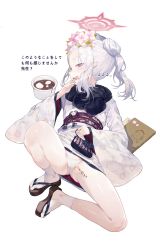 Rule 34 | 1girl, absurdres, alter (j alter7), blue archive, blush, cameltoe, eating, floral print, flower, food, food on face, fork, hair bun, hair flower, hair ornament, halo, highres, holding, japanese clothes, kimono, long hair, long sleeves, looking at viewer, mutsuki (blue archive), mutsuki (new year) (blue archive), obi, official alternate costume, open mouth, panties, pink flower, pointy ears, purple eyes, sandals, sash, shiruko (food), simple background, single hair bun, smile, socks, solo, spread legs, tabi, thighs, translation request, underwear, white background, white hair, white kimono, white panties, wide sleeves, zouri