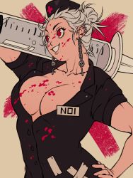 Rule 34 | 1girl, abs, absurdres, blood, breasts, cleavage, dorohedoro, dress, earrings, hat, highres, jewelry, large breasts, long hair, looking at viewer, muscular, muscular female, noi (dorohedoro), nurse, nurse cap, open mouth, priscilla (bampshi), red eyes, simple background, smile, solo, white hair