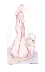 Rule 34 | 1girl, absurdres, anus, artist name, au ra, au ra raen, warrior of light (ff14), blush, breasts, closed mouth, commentary request, completely nude, dragon horns, dragon tail, feet, final fantasy, final fantasy xiv, full body, hair censor, highres, horns, leg up, long hair, lying, nude, on back, pussy, red eyes, scales, short hair, solo, tail, thighhighs, toes, twitter username, uncensored, white hair, wudiyishileiyu