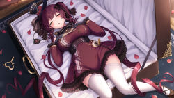 Rule 34 | 1girl, absurdres, black gloves, black headwear, blush, breasts, dress, eyepatch, garter straps, gloves, gothic lolita, hands on own breasts, hat, heterochromia, highres, hololive, houshou marine, houshou marine (3rd costume), large breasts, lolita fashion, long hair, looking at viewer, lying, mini hat, mini top hat, official alternate costume, on back, open mouth, petals, pocket watch, red dress, red eyes, red hair, rose petals, solo, thighhighs, top hat, tousaki (tousakiworks), twintails, unworn eyepatch, virtual youtuber, watch, white garter straps, white thighhighs, yellow eyes