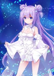 Rule 34 | 1girl, absurdres, armpits, azur lane, blue eyes, blurry, bow, bowtie, breasts, c:, cleavage, clothes lift, collarbone, commentary request, crazy eyes, crazy smile, depth of field, detached collar, detached sleeves, double bun, dress, dress lift, empty eyes, galaxy, hair between eyes, hair bun, highres, leer.meer, lifting own clothes, long hair, looking at viewer, night, night sky, official alternate costume, purple hair, sidelocks, sky, smile, solo, star (sky), starry sky, unicorn (angelic night) (azur lane), unicorn (azur lane), unicorn (little star songstress) (azur lane), white dress