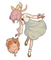 Rule 34 | 1girl, blue dress, bob cut, bow, brown footwear, brown fur, cropped jacket, dog, dress, full body, ghost trick, hair bow, highres, jacket, kamila (ghost trick), light purple hair, long sleeves, looking at animal, missile (ghost trick), pomeranian, pomeranian (dog), renshu usodayo, shoes, short hair, simple background, socks, solo, standing, standing on one leg, two-tone fur, white background, white jacket, white socks, yellow bow