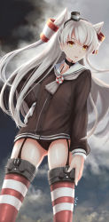 Rule 34 | 10s, 1girl, amatsukaze (kancolle), artist name, black panties, brown eyes, cloud, cloudy sky, cowboy shot, dress, garter straps, hair tubes, highres, kantai collection, long hair, looking to the side, open mouth, panties, pantyshot, revision, sailor dress, short dress, silver hair, sky, smile, smoke, solo, standing, striped clothes, striped thighhighs, thighhighs, two side up, underwear, upskirt, yurix