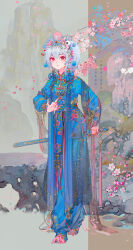 1girl blue_footwear blue_hair blue_hanfu branch brown_background cherry_blossoms chinese_clothes chinese_text circlet expressionless eyelashes flower full_body grey_background hair_between_eyes hair_flower hair_ornament hand_on_hilt hanfu highres long_hair long_sleeves mian_lang original parted_lips pebble petals pink_flower pom_pom_(clothes) pom_pom_hair_ornament ponytail red_eyes rock sheath sheathed shoes solo standing sword two-tone_background weapon weapon_on_back yaopei