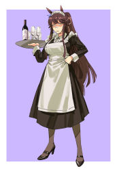 Rule 34 | 1girl, absurdres, alternate costume, animal ears, apron, bandaid, bandaid on face, bandaid on nose, bottle, brown hair, cup, drinking glass, enmaided, frilled apron, frills, high heels, high ponytail, highres, holding, holding tray, horse ears, horse girl, horse tail, long hair, long sleeves, maid, maid apron, maid headdress, mouth hold, narita brian (umamusume), neck ribbon, pantyhose, purple background, ribbon, ruukii drift, sketch, solo, stalk in mouth, tail, tray, umamusume, unamused, wine bottle, wine glass