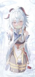 Rule 34 | 1girl, absurdres, ahoge, bare shoulders, black pantyhose, blue gloves, blue hair, bow, breasts, cine9447, covering own mouth, detached sleeves, flower, flower to mouth, ganyu (genshin impact), genshin impact, gloves, gold trim, highres, holding, holding flower, horns, long hair, looking at viewer, medium breasts, pantyhose, purple eyes, qingxin flower, sidelocks, solo, tassel, thighlet, vision (genshin impact), water, white flower, white sleeves