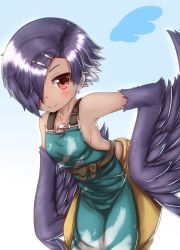 Rule 34 | 1girl, apron, bare shoulders, blue background, breasts, collarbone, commentary request, contrapposto, dark-skinned female, dark skin, gradient background, hair ornament, hair over one eye, hairclip, hand on own hip, harpy, highres, horokusa (korai), jewelry, leaning forward, looking at viewer, monster girl, original, pants, pendant, puffy pants, purple hair, red eyes, sash, short hair, sideboob, simple background, small breasts, smile, solo, winged arms, wings