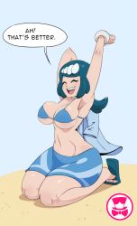 Rule 34 | 1girl, armpits, arms up, bikini, bikini top only, blue background, blue hair, bracelet, breasts, cleavage, collarbone, creatures (company), closed eyes, game freak, hair ornament, jewelry, lana&#039;s mother (pokemon), large breasts, long hair, mature female, navel, nintendo, open mouth, pokemon, pokemon (anime), pokemon sm (anime), sandals, schpicy, seiza, simple background, sitting, skirt, smile, solo, speech bubble, swimsuit, teeth, text focus, tongue, upper teeth only