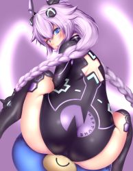 Rule 34 | 1girl, absurdres, artist request, ass, blue eyes, blush, bodysuit, braid, breasts, butt crack, dogoo, from behind, hair ornament, hair tubes, hairclip, headgear, highres, leotard, long hair, looking at viewer, looking back, looking down, neptune (neptunia), neptune (series), open mouth, purple hair, purple heart (neptunia), shiny clothes, shiny skin, sideboob, smile, solo, thighhighs, twin braids, very long hair