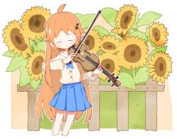 Rule 34 | 1girl, ahoge, blue skirt, blush, bow (music), buttons, closed eyes, cropped legs, fence, flower, fortissimo, garden, hair ornament, instrument, long hair, long sleeves, melanbread, music, musical note, musical note hair ornament, neck ribbon, orange hair, original, picket fence, playing instrument, pleated skirt, ribbon, shirt, signature, skirt, smile, solo, sunflower, sunflower girl (melanbread), very long hair, violin, white shirt, wooden fence