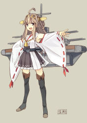 Rule 34 | 10s, 1girl, ahoge, boots, brown hair, character name, detached sleeves, hairband, japanese clothes, kantai collection, kongou (kancolle), long hair, looking at viewer, open mouth, personification, seo tatsuya, skirt, smile, solo, thigh boots, thighhighs, wide sleeves