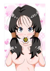 Rule 34 | 1girl, black hair, blue eyes, blush, breasts, closed mouth, dragon ball, dragonball z, heart, heart background, highres, long hair, looking at viewer, smile, solo, topless, twintails, videl