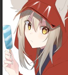Rule 34 | 1girl, arknights, black one-piece swimsuit, blush, ears through headwear, food, grey hair, hair between eyes, hand up, highres, holding food, holding ice cream, hood, hood up, hooded jacket, ice cream, jacket, long hair, looking at viewer, maguro kan, official alternate costume, one-piece swimsuit, popsicle, portrait, projekt red (arknights), projekt red (light breeze) (arknights), red jacket, simple background, solo, swimsuit, white background, yellow eyes