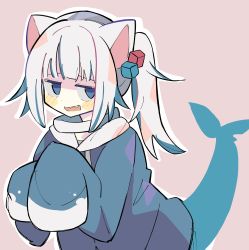 Rule 34 | 1girl, absurdres, alternate hairstyle, animal ears, blue eyes, blue hair, blue hoodie, blush, cat ears, chestnut mouth, commentary, empty eyes, fins, fish tail, gawr gura, hair ornament, hair up, highres, hololive, hololive english, hood, hoodie, leaning forward, long sleeves, looking to the side, multicolored hair, n40a1, open mouth, outline, pink background, shark tail, sharp teeth, short ponytail, sidelocks, simple background, sleeves past fingers, sleeves past wrists, solo, streaked hair, tail, teeth, upper body, upper teeth only, virtual youtuber, white hair