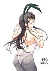 Rule 34 | 1girl, animal ears, artist name, ass, back, black hair, blue eyes, bow, bowtie, breasts, cowboy shot, dated, detached collar, fake animal ears, fake tail, glasses, grey pantyhose, highres, kantai collection, leotard, long hair, looking back, ooyodo (kancolle), owa (ishtail), pantyhose, playboy bunny, rabbit ears, rabbit tail, semi-rimless eyewear, simple background, small breasts, solo, strapless, strapless leotard, tail, under-rim eyewear, white background, white leotard, wrist cuffs