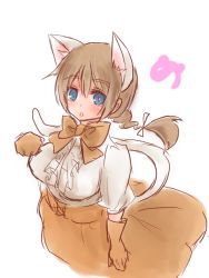 Rule 34 | 10s, 1girl, animal ears, blue eyes, blush, braid, brown hair, cat ears, cat tail, cosplay, gloves, kemono friends, lynette bishop, night museum (artist), open mouth, ribbon, serval (kemono friends) (cosplay), skirt, strike witches, tail, world witches series