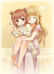 Rule 34 | 2girls, ^ ^, barefoot, beatrice (princess principal), bed, blonde hair, blunt bangs, blush, brown eyes, brown hair, clenched hands, closed eyes, double bun, feet, flying sweatdrops, frills, hair bun, hair flaps, heart, long hair, long sleeves, multiple girls, nightgown, niina ryou, on bed, open mouth, princess (princess principal), princess principal, short hair, short sleeves, sitting, sitting on lap, sitting on person, smile, soles, toes