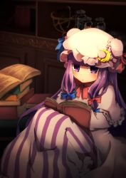 Rule 34 | 1girl, blue bow, blue ribbon, blunt bangs, blush, book, book stack, bookshelf, bow, braid, commentary, crescent, crescent pin, dark, expressionless, globe, hat, highres, jar, long hair, nyankoni koban, open book, patchouli knowledge, purple eyes, purple hair, reading, red bow, red neckwear, red ribbon, ribbon, shelf, sitting, solo, touhou, twin braids, very long hair