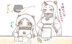 Rule 34 | 10s, 2girls, abyssal ship, anger vein, bad id, bad pixiv id, colored skin, commentary, covering own mouth, crying, crying with eyes open, dress, homework, horns, jako (jakoo21), kantai collection, long hair, mittens, multiple girls, northern ocean princess, pencil, red eyes, seaport princess, single horn, tears, translation request, white dress, white skin, writing