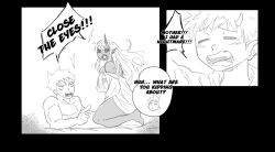Rule 34 | 1girl, 2boys, breasts, caught, closed eyes, english text, highres, horns, large breasts, lips, long hair, looking at another, monochrome, multiple boys, open mouth, original, panels, pointing, pointy ears, sidelocks, single horn, speech bubble, taku34128, teeth, thighs