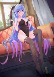 Rule 34 | 1girl, absurdly long hair, absurdres, animal ears, areola slip, bare shoulders, black footwear, black leotard, blue hair, bow, breasts, brown thighhighs, cleavage, collarbone, couch, covered erect nipples, covered navel, curtains, day, deep skin, fake animal ears, fang, fingernails, full body, gradient hair, groin, hair between eyes, hand on breast, hands up, high heels, highleg, highleg leotard, highres, hip focus, holding, indoors, knee up, large breasts, leotard, long fingernails, long hair, looking at viewer, medium breasts, mikawa sansen, multicolored hair, open mouth, pink bow, pink hair, playboy bunny, print thighhighs, purple eyes, purple hair, rabbit ears, ribbon-trimmed legwear, ribbon trim, shoes, single shoe, sitting, skin tight, skindentation, solo, thighhighs, tile floor, tiles, tongue, tree, very long hair, window