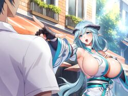 Rule 34 | 1boy, 1girl, action taimanin, aqua eyes, aqua hair, bad source, balcony, breasts, day, detached collar, detached sleeves, fingerless gloves, fuuma kotarou (taimanin series), game cg, gloves, hand on own chest, horns, huge breasts, lapis (action taimanin), open mouth, parasol, pointing, pointy ears, scolding, sideboob, sunlight, taimanin (series), tree, umbrella