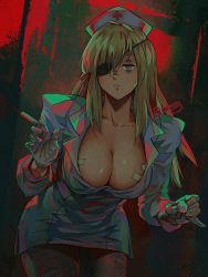 Rule 34 | 1girl, arkuny, blonde hair, breasts, cleavage, commentary, cross, dorohedoro, english commentary, eyepatch, gloves, hat, highres, large breasts, leaning forward, long hair, looking at viewer, needle, nikaidou (dorohedoro), nurse, nurse cap, red cross, solo